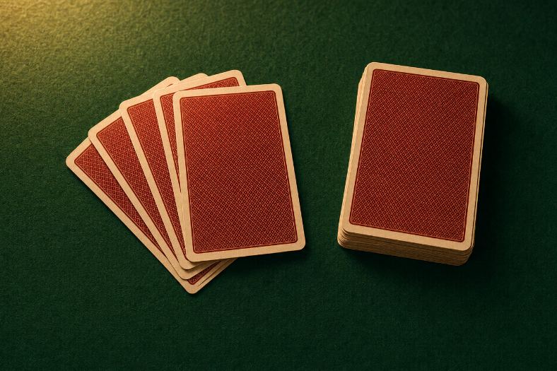Ein Stapel und ein aufgefächertes Blatt Spielkarten, Rückseite nach oben, auf grünem Filz