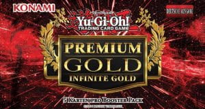 Ein deutsches Yu-Gi-Oh-Booster-Pack der Premium-Gold-Reihe mit fünf Karten
